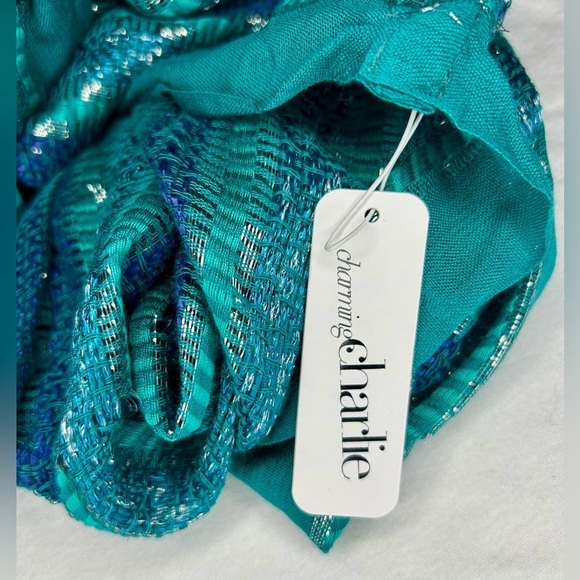 Charming Charlie Infinity Scarf Lightweight Spring Boho Teal Silver Metallic - Picture 3 of 7